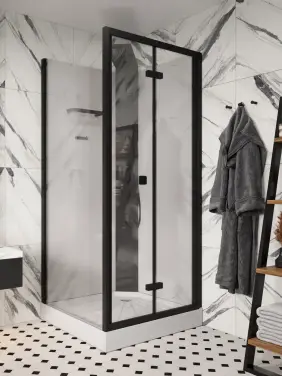 Ceruttispa BELLA90B (90*90*215-225) без крыши, квадратный низкий поддон, черная центральная панель, тропический душ, ручной душ, полочка, черный профиль, прозрачное переднее стекло 5 мм, прозрачное боковое стекло 6 мм,сверхпрозрачное заднее белое стекло 5