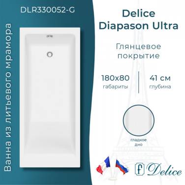 Delice Diapason Ultra с узким бортом 180х80 глянцевая (в комплекте ванна с ножками и сливом-переливом)