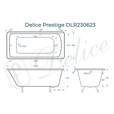 Delice Prestige 180х80 (в комплекте только ванна, без ножек и слива-перелива)