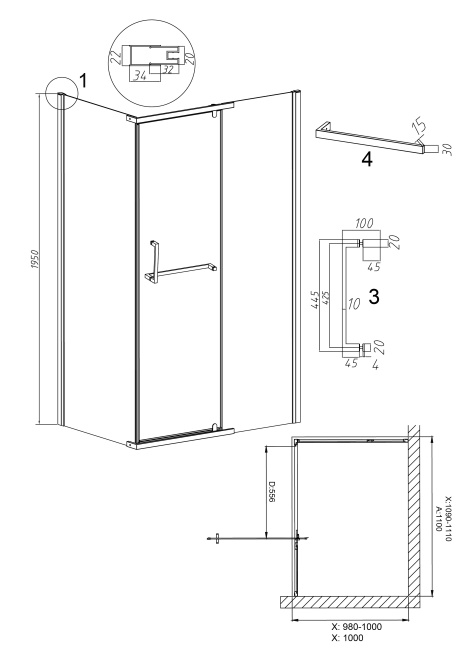 Grossman Pragma 100.K33.03.110.10.00-200.K33.03.100.10.00 (110х100х195) распашная,хром,стекло прозрачное,2 места