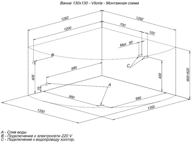 Aquanet Vitoria 130x130 (с каркасом)