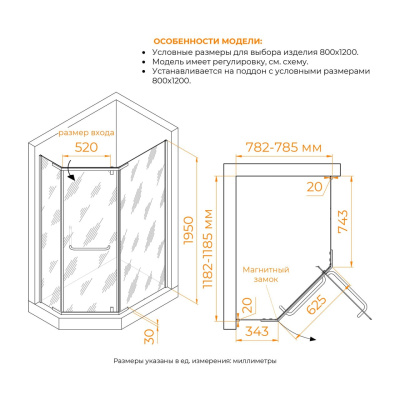 RGW PA-091-B Трапеция/Чёрный/Прозрачное/6 мм (EasyClean)/80*120*195 без поддона