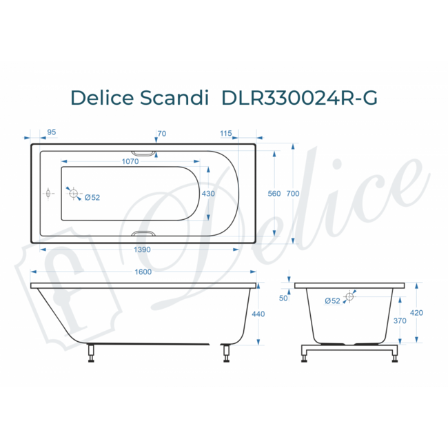 Delice Scandi 160х70 глянцевая с ручками Хром (в комплекте только ванна, без ножек и слива-перелива)