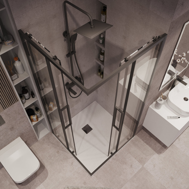 Grossman 300.K33.02.8080.21.00 Cosmo (80*80*195) квадрат,раздвижн,черн. матов,стекло прозрачн без поддона