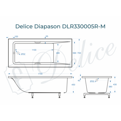 Delice Diapason 170х70 матовая с ручками Хром DLR330005R-M