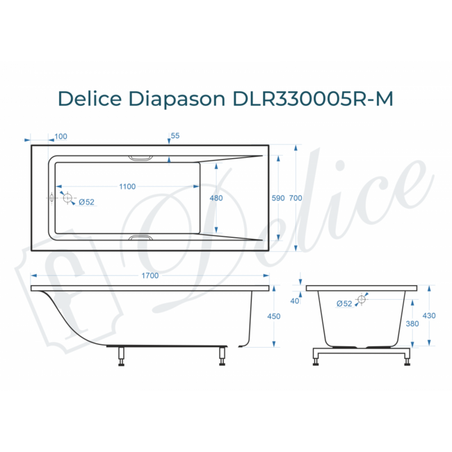 Delice Diapason 170х70 матовая с ручками Хром (в комплекте только ванна, без ножек и слива-перелива)