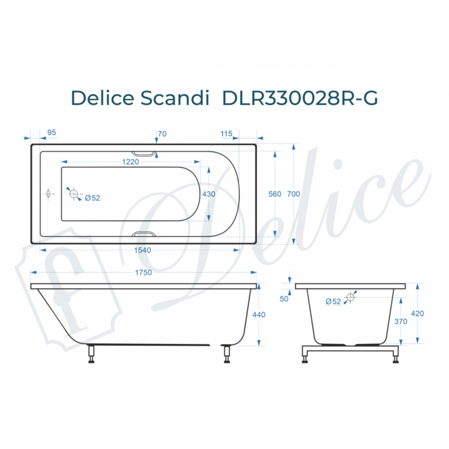 Delice Scandi 175х70 глянцевая с ручками Хром (в комплекте только ванна, без ножек и слива-перелива)