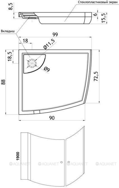 Aquanet NK 1222 L IVA (990 х 880 х1900 ) нержавеющая сталь стекло прозрачное 6мм (184520)