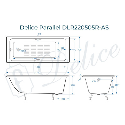 Delice Parallel 170х70 с черными матовыми ручками и антискользящим покрытием (в комплекте только ванна, без ножек и слива-перелива)