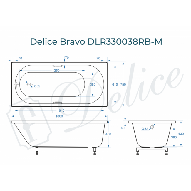 Delice Bravo 180х75 матовая с черными ручками (в комплекте только ванна, без ножек и слива-перелива)