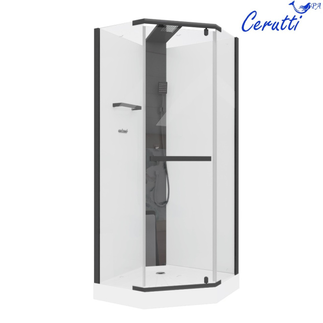 Ceruttispa CHIKA901B (90*90*215-225) без крыши, черный алюминиевый профиль, пятиугольный низкий поддон, центральная панель, тропический душ, ручной душ, полочка, прозрачное переднее стекло 6 мм, сверхпрозрачное заднее стекло 5 мм с белой окраской, сифон.