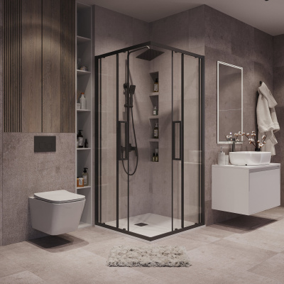 Grossman 300.K33.02.8080.21.00 Cosmo (80*80*195) квадрат,раздвижн,черн. матов,стекло прозрачн без поддона