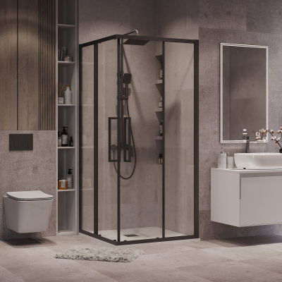 Grossman 300.K33.02.8080.21.00 Cosmo (80*80*195) квадрат,раздвижн,черн. матов,стекло прозрачн без поддона