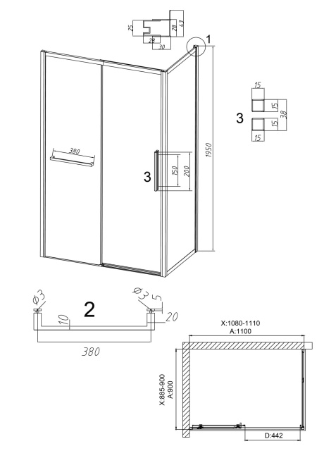 Grossman 120.K33.05.1190.21.00 Style (110*90*195) черный матовый, стекло прозрачное, 2 места без поддона