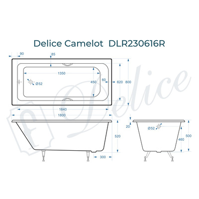 Delice Camelot 180х80 с отверстиями под ручки (в комплекте только ванна, без ножек и слива-перелива)