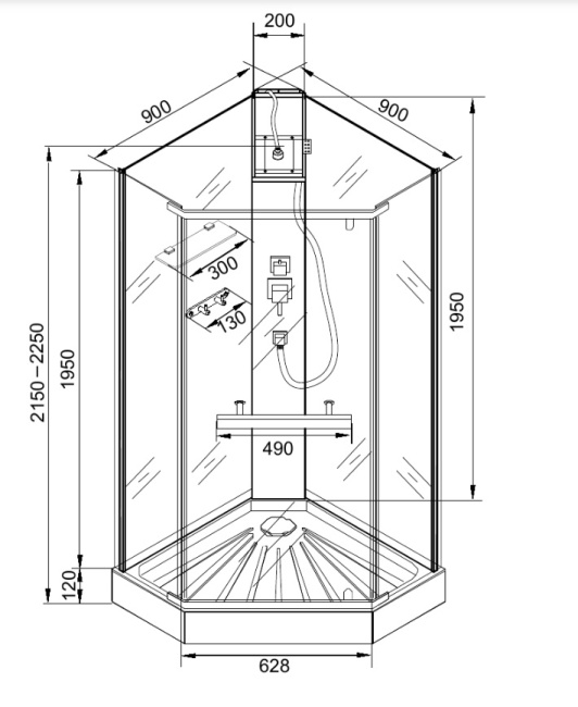 Ceruttispa CHIKA901B (90*90*215-225) без крыши, черный алюминиевый профиль, пятиугольный низкий поддон, центральная панель, тропический душ, ручной душ, полочка, прозрачное переднее стекло 6 мм, сверхпрозрачное заднее стекло 5 мм с белой окраской, сифон.