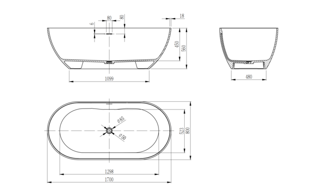 Vincea VBT-4S04MW, 1700*800*560, белый мат., слив-перелив в комплекте