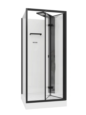Ceruttispa BELLA90B (90*90*215-225) без крыши, квадратный низкий поддон, черная центральная панель, тропический душ, ручной душ, полочка, черный профиль, прозрачное переднее стекло 5 мм, прозрачное боковое стекло 6 мм,сверхпрозрачное заднее белое стекло 5