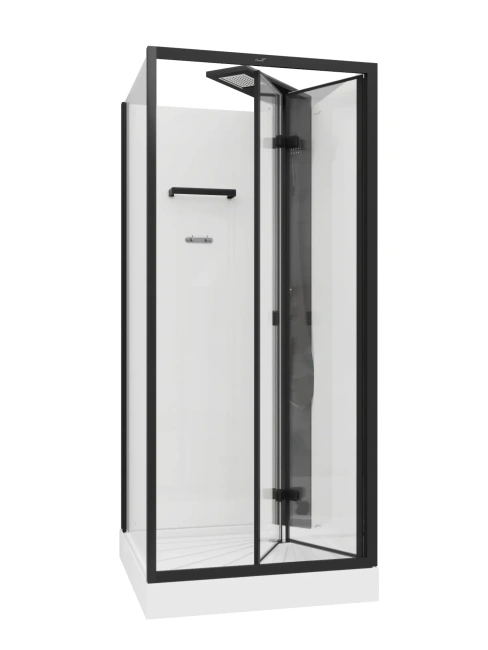 Ceruttispa BELLA90B (90*90*215-225) без крыши, квадратный низкий поддон, черная центральная панель, тропический душ, ручной душ, полочка, черный профиль, прозрачное переднее стекло 5 мм, прозрачное боковое стекло 6 мм,сверхпрозрачное заднее белое стекло 5