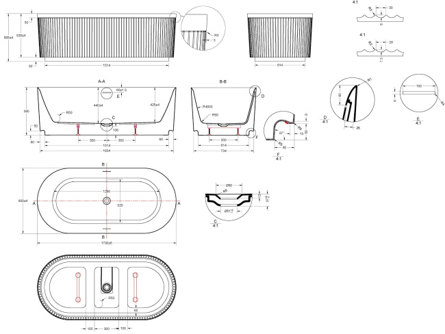 Vincea VBT-709-1700, 1700*800*585, цвет белый, щелевой перелив, слив белый