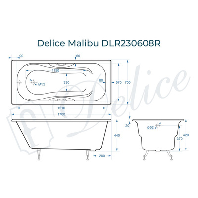 Delice Malibu 170х70 (в комплекте ванна с ручками хром, без ножек и слива-перелива)