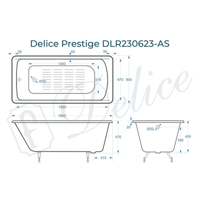 Delice Prestige 180х80 с антискользящим покрытием (в комплекте только ванна, без ножек и слива-перелива)