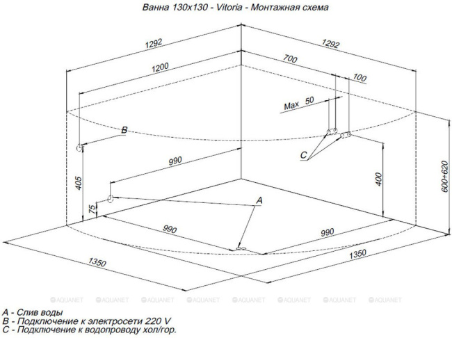 Aquanet Vitoria 130x130 (с каркасом)