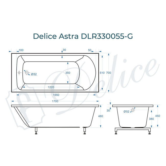 Delice Astra 170х70 глянцевая (в комплекте только ванна, без ножек и слива-перелива)
