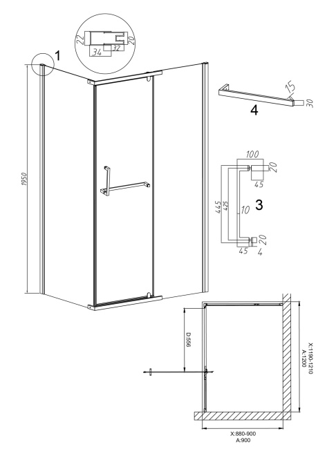 Grossman 120.K33.03.1290.42.00 Pragma (120*90*195) графит сатин, стекло прозрачное, 2 места без поддона