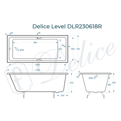 Delice Level 140х70 с отверстиями под ручки (в комплекте только ванна, без ножек и слива-перелива)