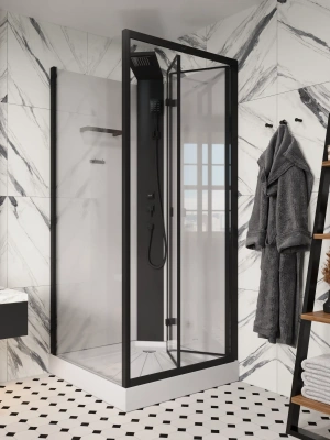 Ceruttispa BELLA90B (90*90*215-225) без крыши, квадратный низкий поддон, черная центральная панель, тропический душ, ручной душ, полочка, черный профиль, прозрачное переднее стекло 5 мм, прозрачное боковое стекло 6 мм,сверхпрозрачное заднее белое стекло 5