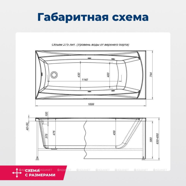 Aquanet CARIBA 170*75 к/с1 (205350) с каркасом