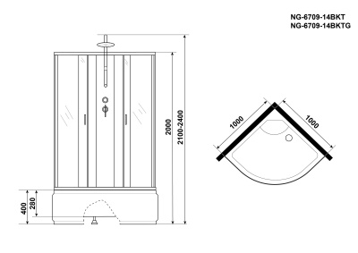 Niagara NG-6709-14BKT (1000х1000х2150)высокий поддон(45см) стекло ПРОЗРАЧНОЕ черные профиля 4 мест