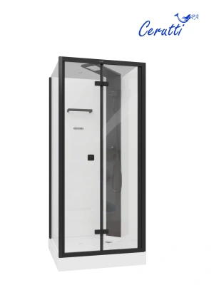 Ceruttispa BELLA90B (90*90*215-225) без крыши, квадратный низкий поддон, черная центральная панель, тропический душ, ручной душ, полочка, черный профиль, прозрачное переднее стекло 5 мм, прозрачное боковое стекло 6 мм,сверхпрозрачное заднее белое стекло 5