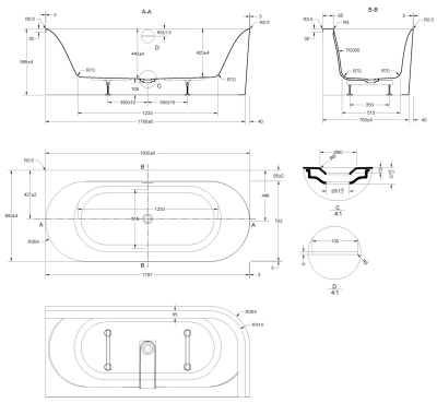 Vincea VBT-704-1800-R, 1800*800*585, цвет белый, правая, щелевой перелив, слив белый