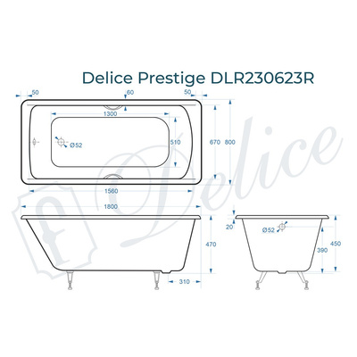 Delice Prestige 180х80 с отверстиями под ручки (в комплекте только ванна, без ножек и слива-перелива)