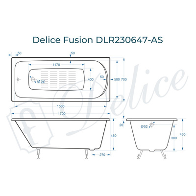 Delice Fusion 170х70 с антискользящим покрытием (в комплекте ванна с ножками и сливом-переливом)