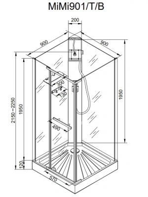 Ceruttispa MiMi90T (90*90*215-225) без крыши, квадратный низкий поддон, центральная панель, тропический душ, ручной душ, полочка,прозрачное переднее стекло 6 мм, боковое прозрачное стекло 6 мм, сверхпрозрачное заднее стекло 5 мм с белой окраской, сифон, д