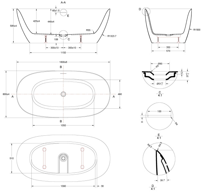 Vincea VBT-708-1600, 1600*800*585, цвет белый, щелевой перелив, слив белый