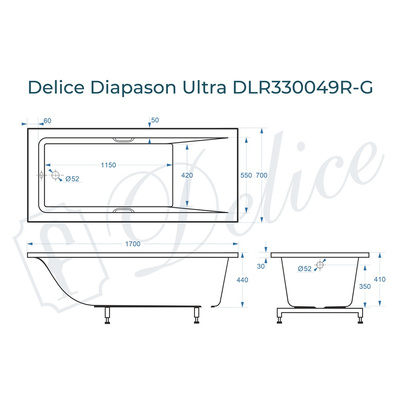 Delice Diapason Ultra с узким бортом 170х70 глянцевая с ручками Хром DLR330049R-G