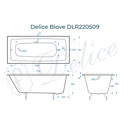Delice Biove 170х75 (в комплекте ванна с ножками и сливом-переливом)