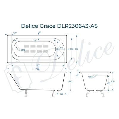 Delice Grace 170х70 с антискользящим покрытием (в комплекте ванна с ножками, без слива-перелива)