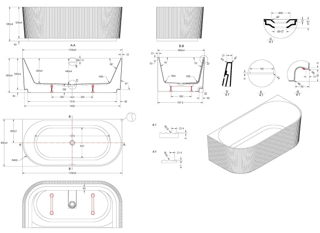Vincea VBT-706-1700, 1700*800*585, цвет белый, щелевой перелив, слив белый