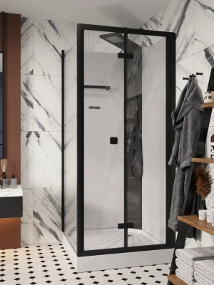 Ceruttispa BELLA90B (90*90*215-225) без крыши, квадратный низкий поддон, черная центральная панель, тропический душ, ручной душ, полочка, черный профиль, прозрачное переднее стекло 5 мм, прозрачное боковое стекло 6 мм,сверхпрозрачное заднее белое стекло 5