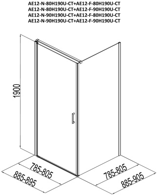 Aquanet Cinetic 90х80,прозрачное стекло (AE12-N-90H190U-CT + AE12-F-80H190U-CT) без поддона