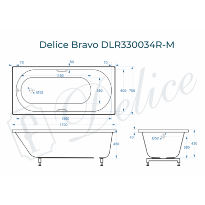Delice Bravo 170х70 матовая с ручками Хром DLR330034R-M