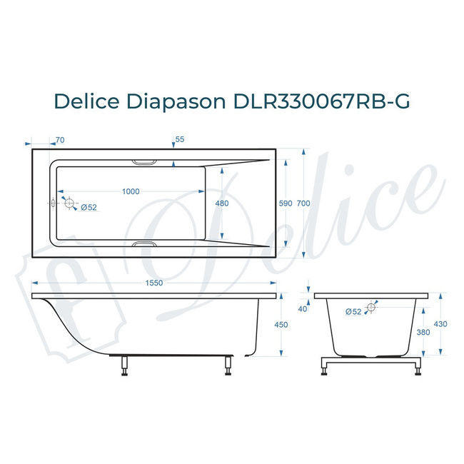 Delice Diapason 155х70 глянцевая с черными ручками (в комплекте только ванна, без ножек и слива-перелива)