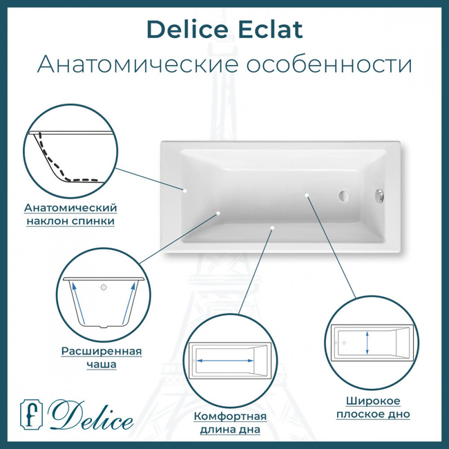 Delice Eclat 170х70 (в комплекте ванна с ручками хром, без ножек и слива-перелива)