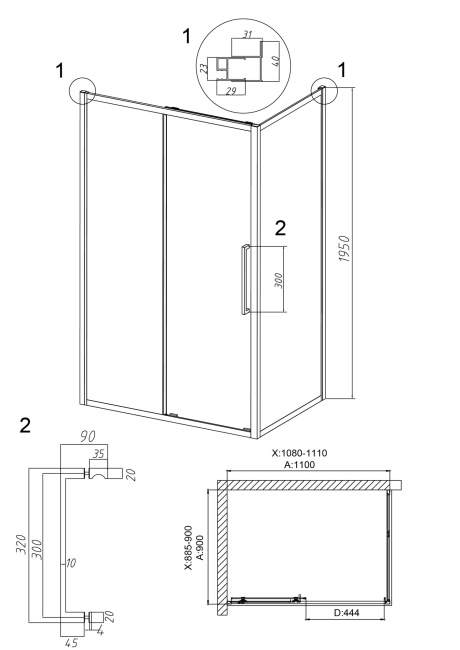 Grossman 120.K33.02.1190.21.02 Cosmo (110*90*195) черный матовый, стекло шиншилла, 2 места без поддона
