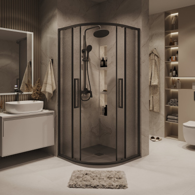 Grossman 301.K33.02.8080.21.02 Cosmo (80*80*195) полукруг,раздвижн,черн.матов,стекло шиншилла без поддона